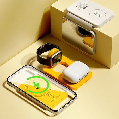 WEKOME WP-U172 – belaidis 3-in-1 įkroviklis su "MagSafe" sistemai skirta "iPhone", "Apple Watch" ir "AirPods", su veidrodžiu (geltonas)