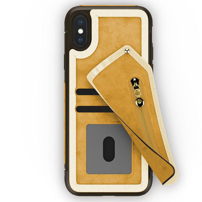 Zizo Nebula dėklas piniginė – nugarėlės piniginė ir kišenė su užtrauktuku bei grūdinto stiklo ekrano apsauga, skirta iPhone X (šviesiai ruda / ruda)