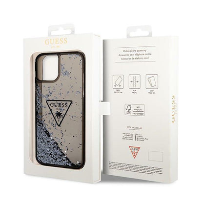 Guess Liquid Glitter Triangle Logo dėklas – dėklas, skirtas iPhone 14 Plus (juodas)