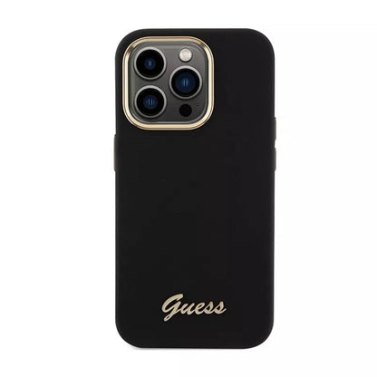 Guess Silicone Script Metal Logo & Frame – iPhone 15 Pro dėklas (juodas)