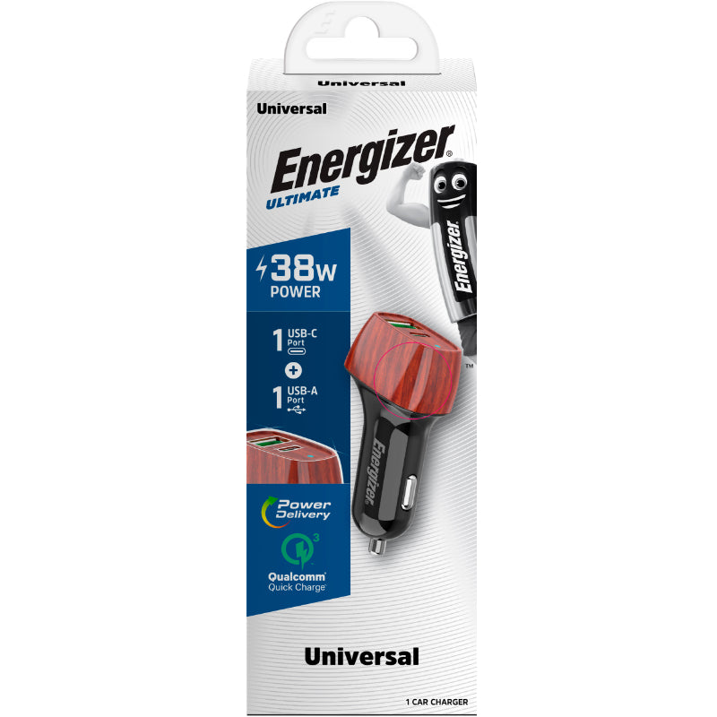 Energizer Ultimate - USB-C & USB-A 38W PD + QC3.0 automobilinis įkroviklis (WALNUT)