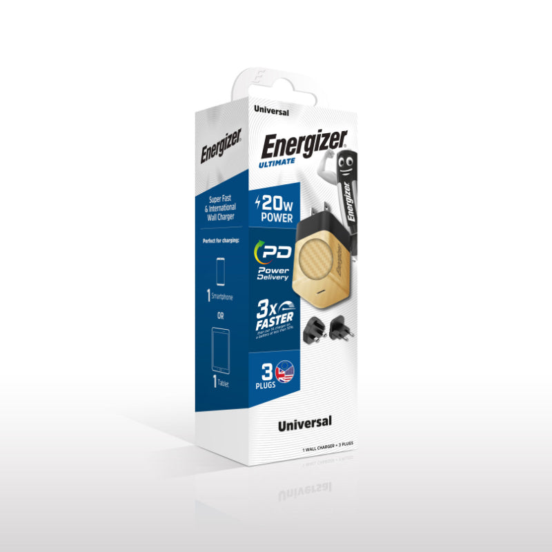 Energizer Ultimate - universalaus kištuko EU / UK / US GaN 20W PD tinklo įkroviklis (auksinis)