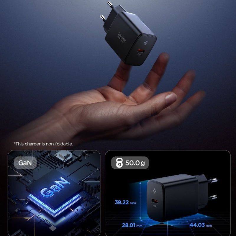 Spigen Essential EE201EU GaN - Sieninis įkroviklis USB-C 20W (juodas)
