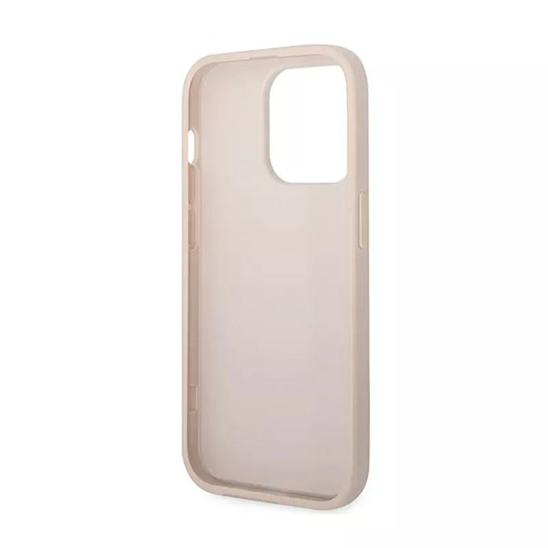 Guess 4G metalinis auksinis logotipas, skirtas iPhone 14 Pro dėklui (rožinis)