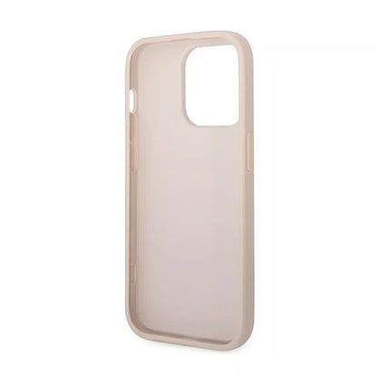 Guess 4G metalinis auksinis logotipas, skirtas iPhone 14 Pro dėklui (rožinis)