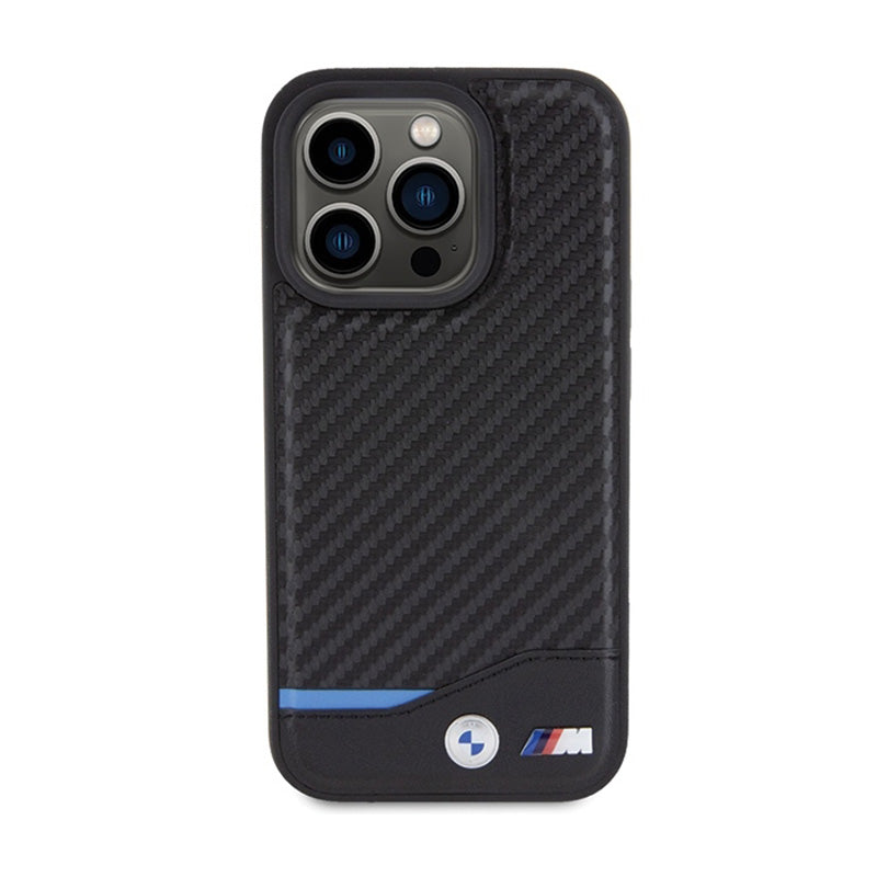 BMW Leather Carbon Blue Line MagSafe – dėklas, skirtas iPhone 15 Pro (juodas)