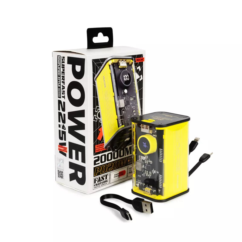 WEKOME WP-347 „Vanguard Series“ – 20000 mAh itin greito įkrovimo maitinimo blokas su įmontuotu USB-C PD 20W ir „Lightning“ + USB-A QC3.0 22,5W laidu (geltonas)