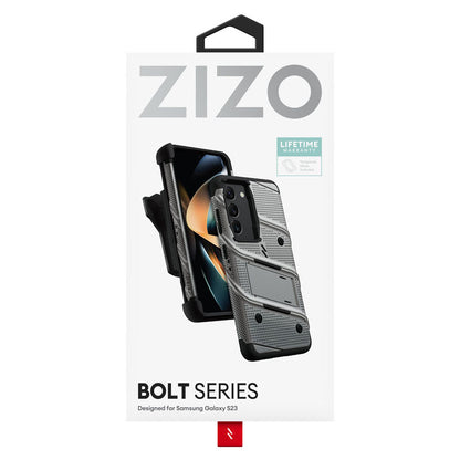 ZIZO BOLT serija – šarvuotas dėklas Samsung Galaxy S23 su 9H stiklu ekranui + laikiklis su stovu (pilka)