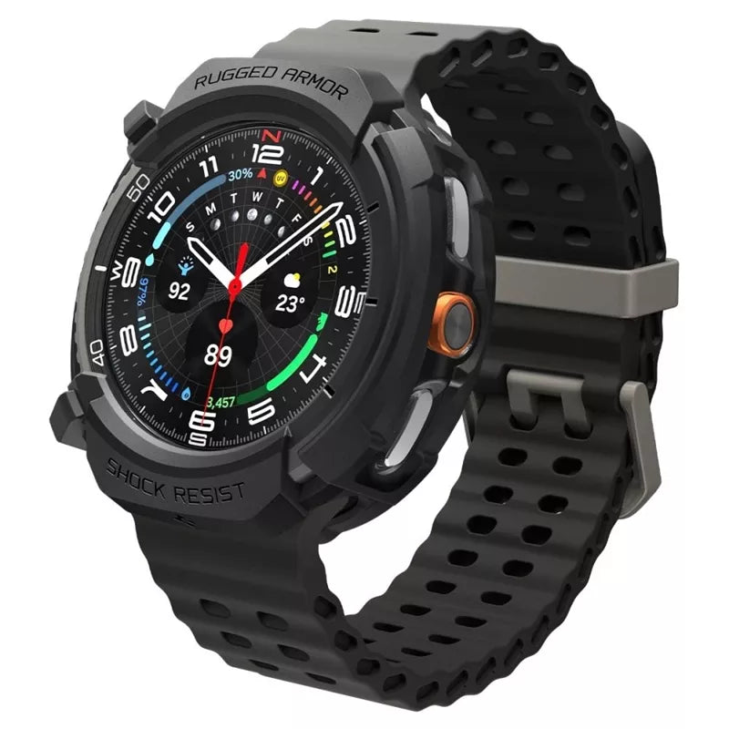 Spigen Rugged Armor – Dėklas, skirtas Samsung Galaxy Watch 8 Classic 46 mm (Matinis juodas)