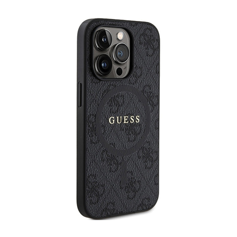 Guess 4G kolekcija od odos su metaliniu logotipu MagSafe - dėklas iPhone 14 Pro (juodas)