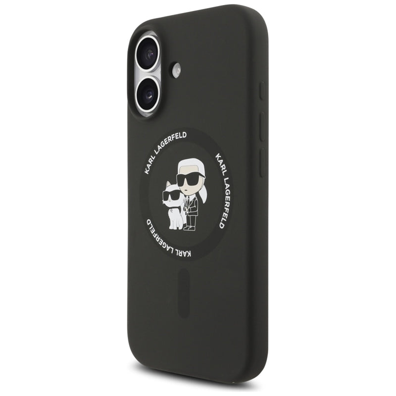 Karl Lagerfeld Silikoninis dėklas su Karl & Choupette žiedu, MagSafe, skirtas iPhone 17 (juodas)