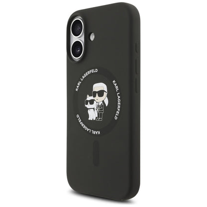 Karl Lagerfeld Silikoninis dėklas su Karl & Choupette žiedu, MagSafe, skirtas iPhone 17 (juodas)