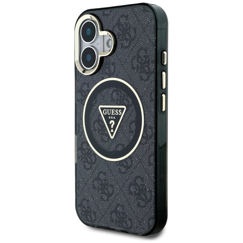 Guess IML Metal Glitter 4G Circle Triangle MagSafe – dėklas iPhone 16 (juodas)
