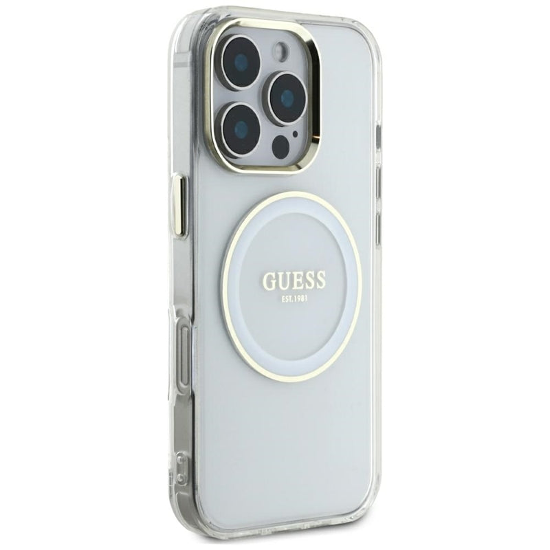 Guess IML Metal Colored Circle Classic Logo MagSafe - dėklas, skirtas iPhone 16 Pro Max (baltas)
