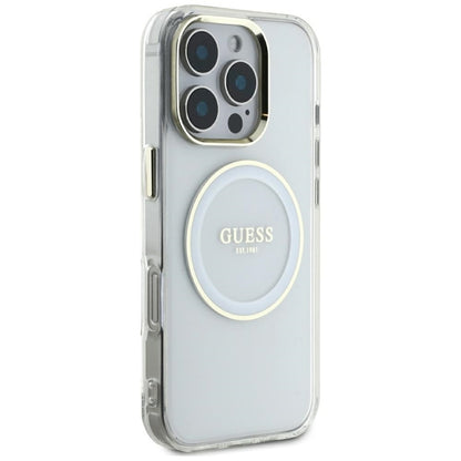 Guess IML Metal Colored Circle Classic Logo MagSafe - dėklas, skirtas iPhone 16 Pro Max (baltas)