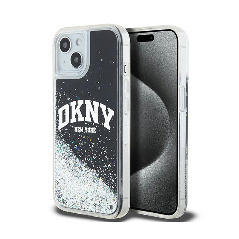 DKNY Liquid Glitter Big Logo – dėklas, skirtas iPhone 15 / 14 / 13 (juodas)