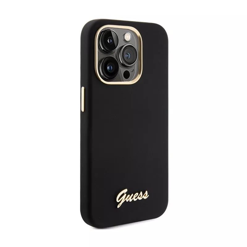 Guess Silicone Script Metal Logo & Frame – iPhone 15 Pro dėklas (juodas)
