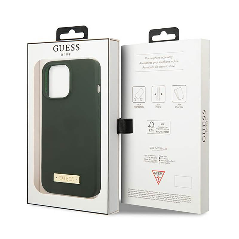 Guess Silicone Logo Plate MagSafe – dėklas, skirtas iPhone 13 Pro Max (žalias)