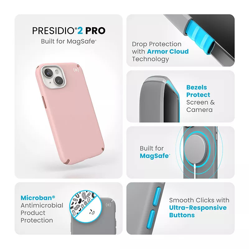 Speck Presidio2 Pro Magsafe – dėklas, skirtas iPhone 16e / iPhone 15 / iPhone 14 / iPhone 13 (Dahlia Pink / Rose Copper / White)