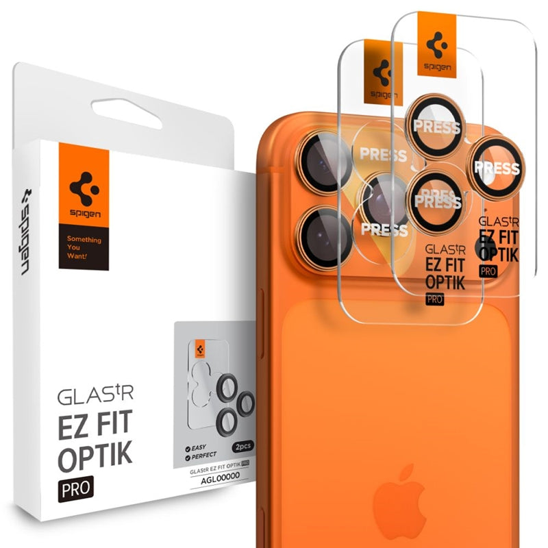 Spigen Optik Pro GLAS.TR EZ Fit Kameros apsauga 2 vnt. - Stiklinė objektyvo apsauga, skirta iPhone 16 Pro / 16 Pro Max / 17 Pro / 17 Pro Max (2 vnt.) (Oranžinė)