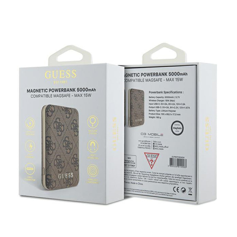 Guess 4G Leather Metal Logo MagSafe - Indukcinė maitinimo baterija 5000 mAh 15W MagSafe (ruda)