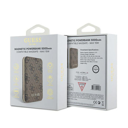 Guess 4G Leather Metal Logo MagSafe - Indukcinė maitinimo baterija 5000 mAh 15W MagSafe (ruda)
