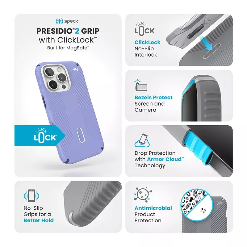 Speck Presidio2 Grip ClickLock & MagSafe – dėklas iPhone 16 Pro (Future Lavender / Cassis Purple / White)