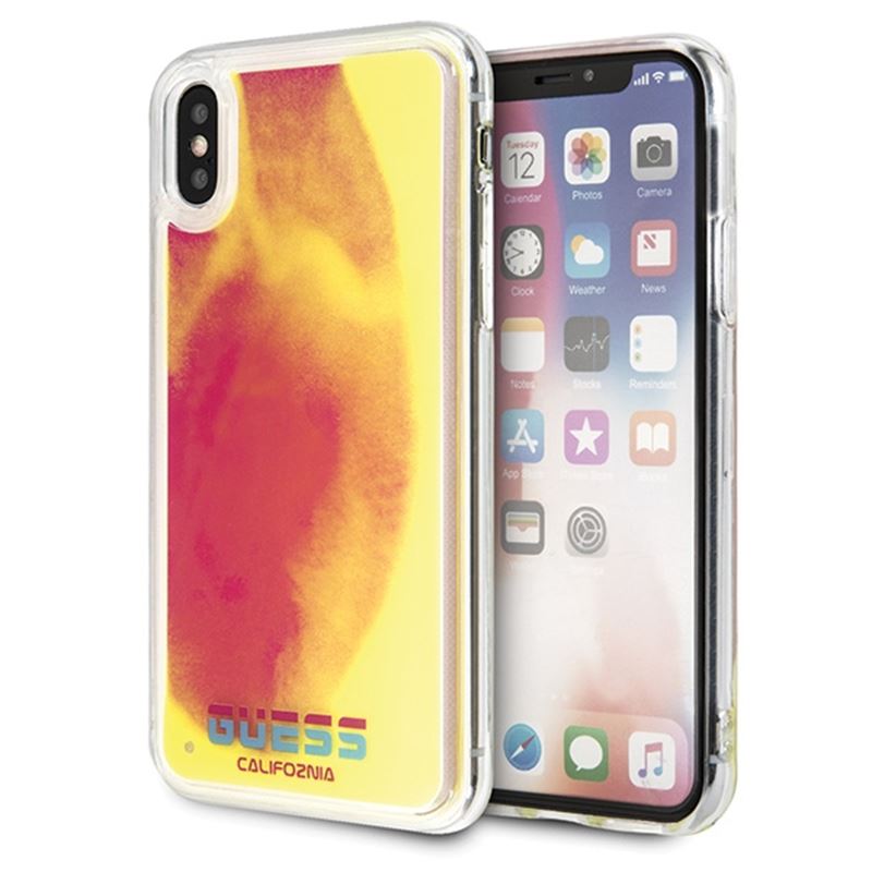 Guess Liquid Glitter Hearts – dėklas iPhone Xs / X (Švyti tamsoje / rožinė)