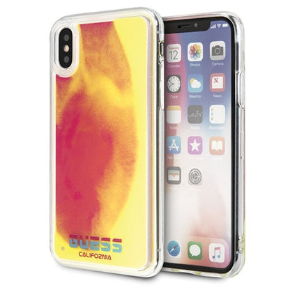 Guess Liquid Glitter Hearts – dėklas iPhone Xs / X (Švyti tamsoje / rožinė)