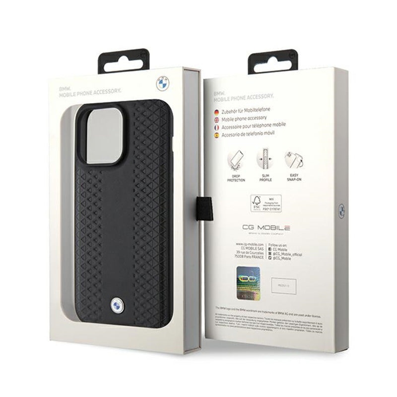 BMW Leather Diamond Pattern – dėklas, skirtas iPhone 15 Pro (juodas)