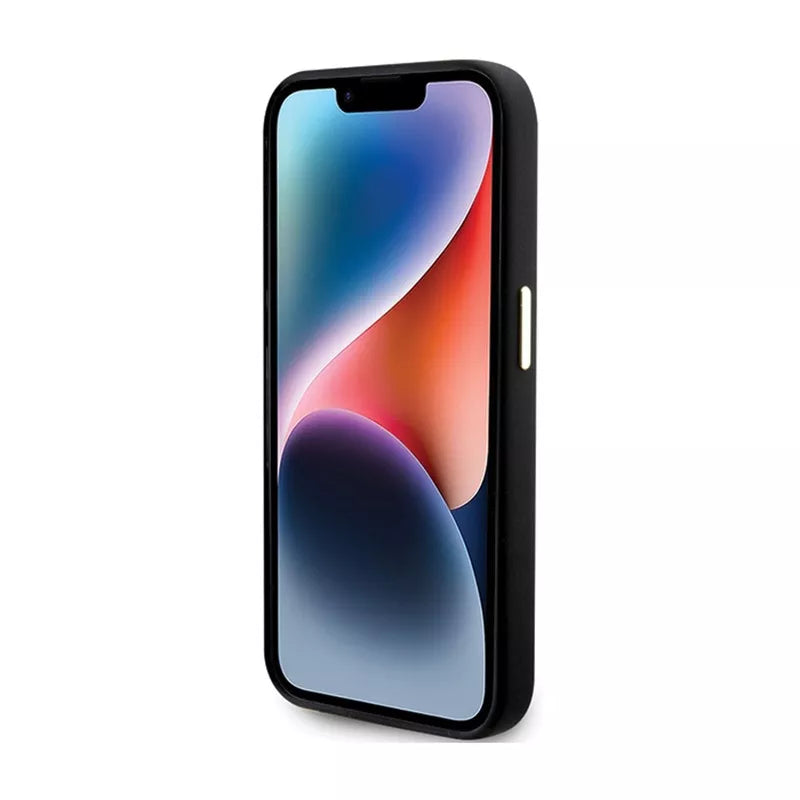 Guess Silicone Script Metal Logo & Frame – iPhone 15 Pro dėklas (juodas)