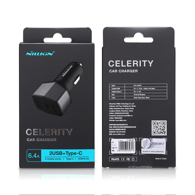 Nillkin Celerity automobilinis įkroviklis - 2x USB-A + 1x USB-C, 32W (auksinis)