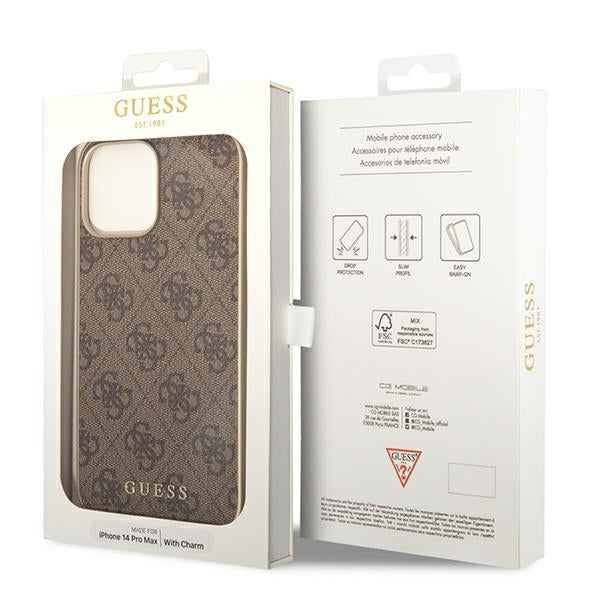 Guess 4G Charms Collection - dėklas, skirtas iPhone 14 Pro (rudos spalvos)