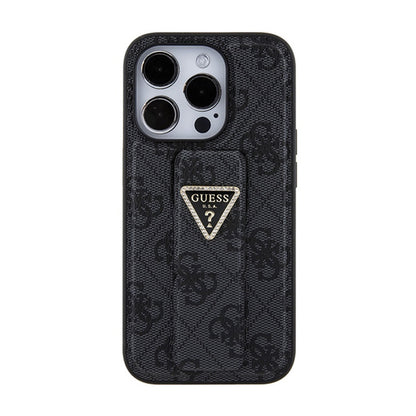 Guess Grip Stand 4G Triangle Strass Logo – iPhone 15 Pro Max dėklas (juodas)