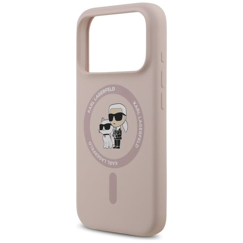Karl Lagerfeld Silikoninis dėklas su Karl & Choupette žiedu MagSafe iPhone 17 Pro (rožinis)