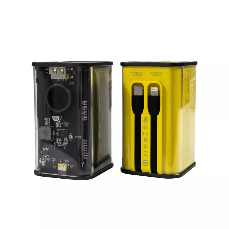 WEKOME WP-347 „Vanguard Series“ – 20000 mAh itin greito įkrovimo maitinimo blokas su įmontuotu USB-C PD 20W ir „Lightning“ + USB-A QC3.0 22,5W laidu (geltonas)