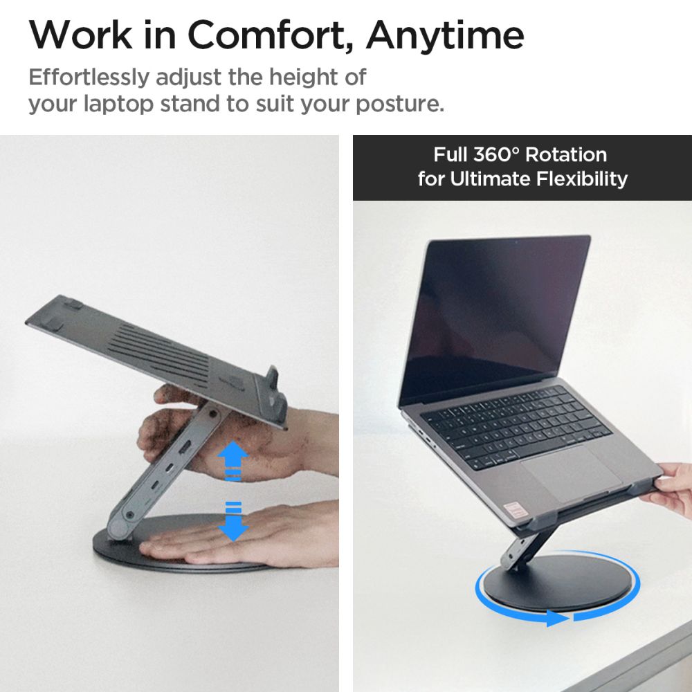 Spigen LD204H nešiojamo kompiuterio stovas su 6-in-1 šakote (Kosminė pilka)