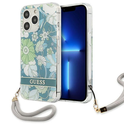 Guess Flower Cord – „iPhone 13 Pro“ dėklas su dirželiu (žalias)
