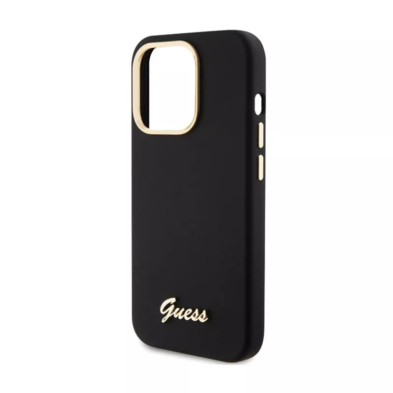 Guess Silicone Script Metal Logo & Frame – iPhone 15 Pro dėklas (juodas)