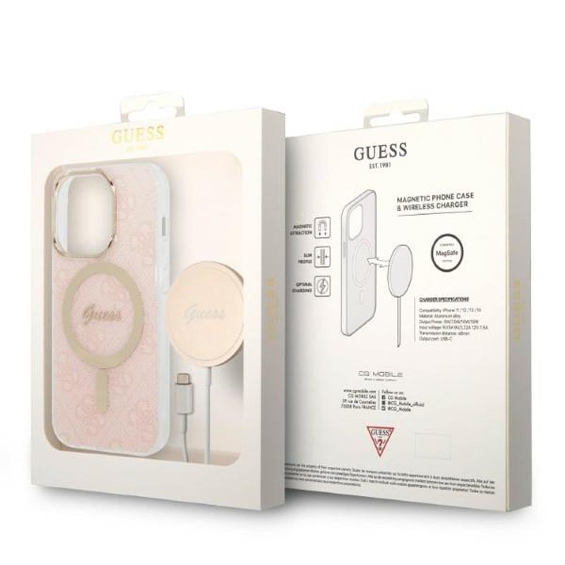 Guess Bundle Pack MagSafe 4G - dėklų rinkinys iPhone 14 Pro + MagSafe įkroviklis (rožinė/auksinė)