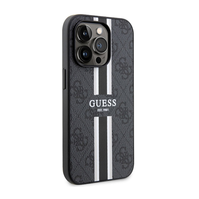 Guess 4G Printed Stripes MagSafe – dėklas skirtas iPhone 14 Pro (Juoda)