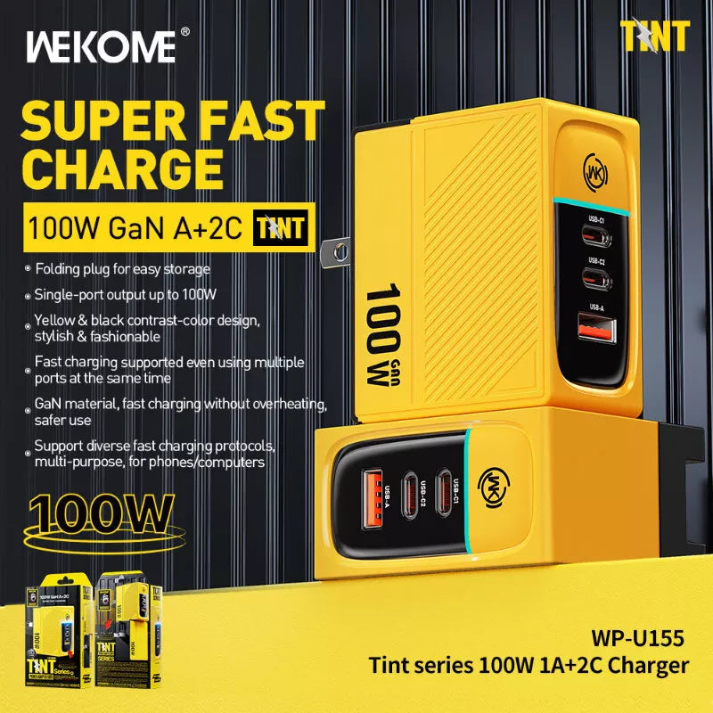 WEKOME WP-U155 Tint Series – 2x USB-C ir USB-A itin greitas GaN 100W įkroviklis (geltonas)