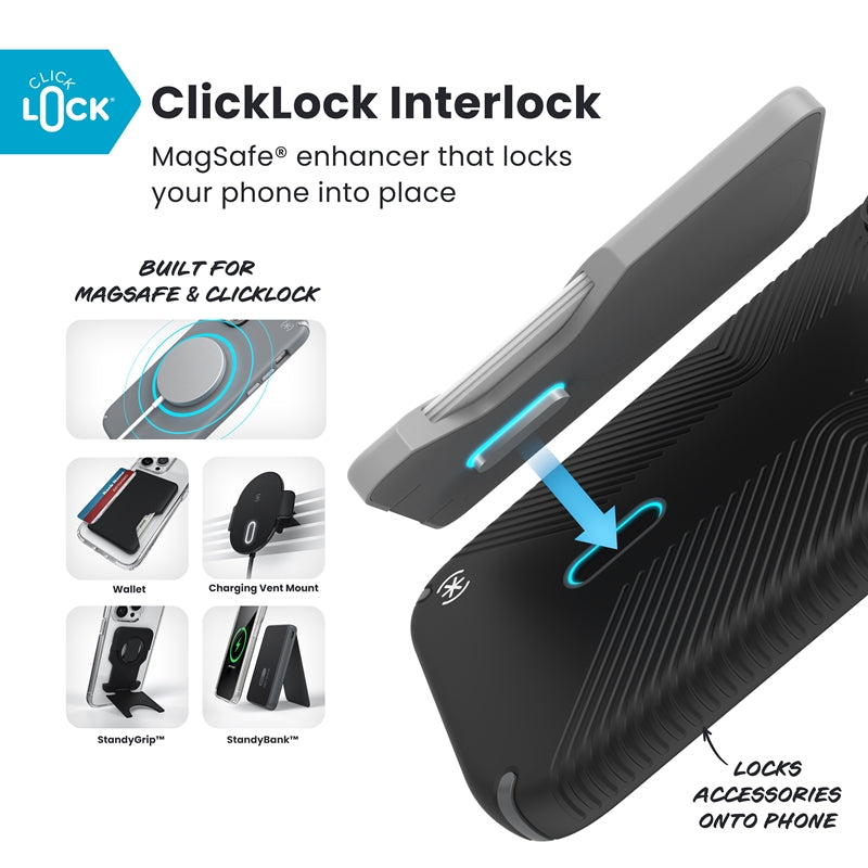 Speck Presidio2 Grip ClickLock ir MagSafe dėklas, skirtas iPhone 17 Pro Max (juoda / pilka / balta)