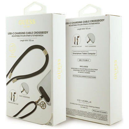 Guess Per Petį Dirželis 4G Pakabukas - Universalus Telefono Dirželis / USB-C į USB-C Kabelis 1.5m (Juodas)