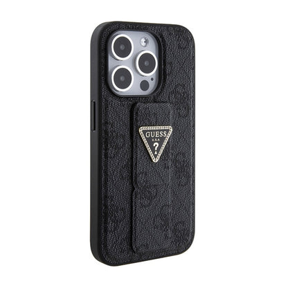Guess Grip Stand 4G Triangle Strass Logo – iPhone 15 Pro Max dėklas (juodas)