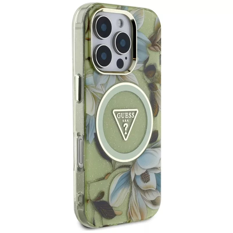 Guess Glitter Flowers Triangle Buttons MagSafe – dėklas iPhone 16 Pro (žalias)