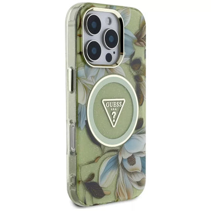 Guess Glitter Flowers Triangle Buttons MagSafe – dėklas iPhone 16 Pro (žalias)