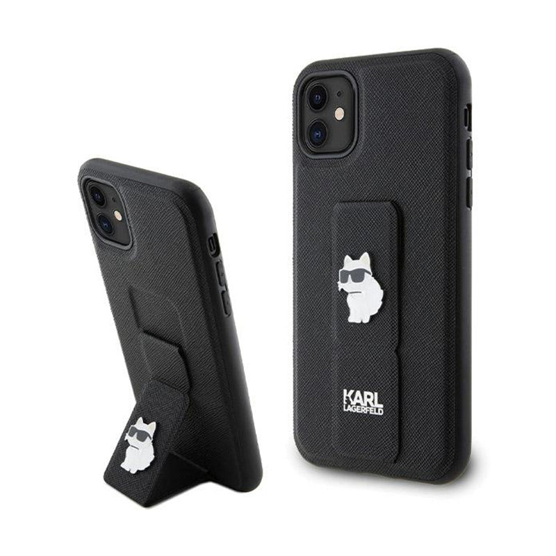 Karl Lagerfeld Gripstand Saffiano Choupette Pins – „iPhone 11“ dėklas (juodas)