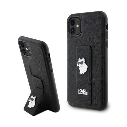 Karl Lagerfeld Gripstand Saffiano Choupette Pins – „iPhone 11“ dėklas (juodas)