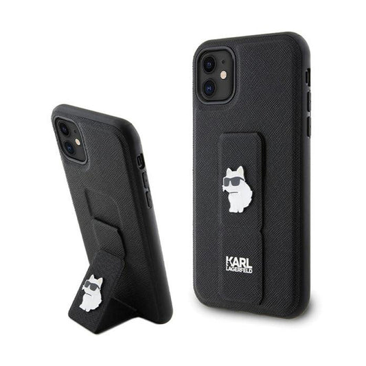 Karl Lagerfeld Gripstand Saffiano Choupette Pins – „iPhone 11“ dėklas (juodas)